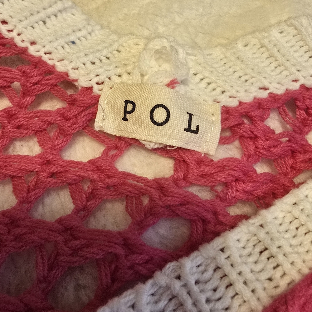 POL Open Knit Vneck Peace Sign Summer Sweater. Pink/White. Size S - Picture 9 of 11